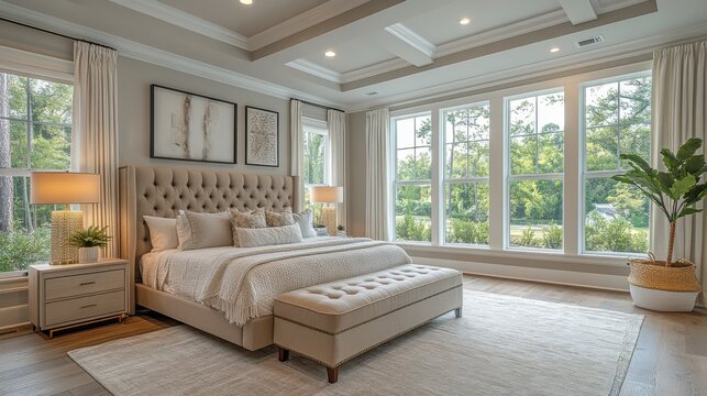 Large bed sitting in a bedroom next to a window