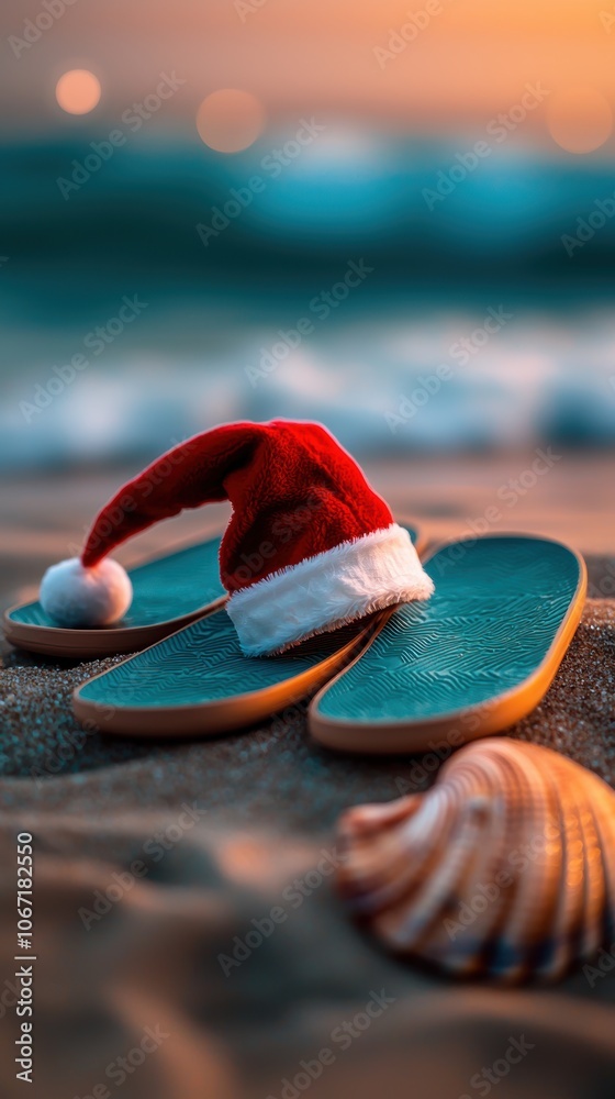 Wall mural flip-flops adorned with a santa hat rest on the beach, blending festive spirit with a summery vibe a