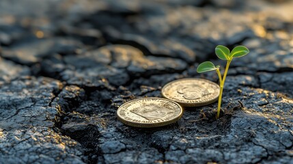 Sprouts Emerging from Cracked Earth with Coins Nearby
