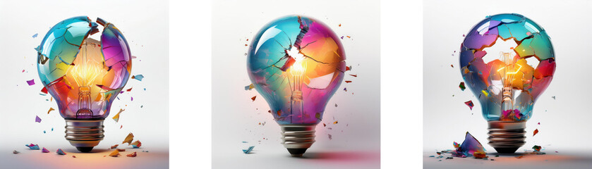 Three light bulbs are broken, showing the colorful interior with pieces of glass falling around them.