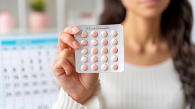 Woman holding birth control pills in blister pack with calendar in background