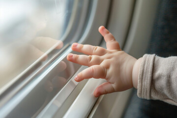 Hand of a toddler baby touching airplane window against blue sky while vacation. Travelling on holidays with a child kid young passenger in plane concept 