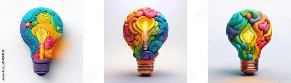 Poster three colorful light bulbs shaped from clay with a glowing light inside.