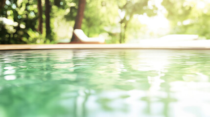 Fototapeta premium A tranquil pool scene with clear water reflecting the surrounding greenery, bathed in soft sunlight.