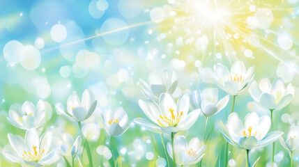 A vibrant, dreamy scene of white flowers under a sparkling sky, illuminated by soft sunlight and colorful bokeh effects, creating a serene atmosphere.