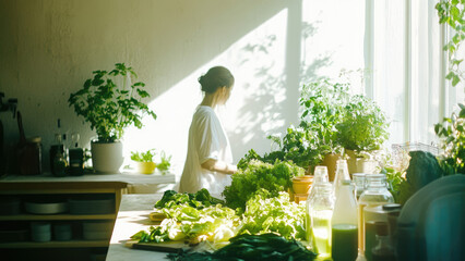 Healthy collage featuring leafy greens, green smoothie, and woman enjoying wellness