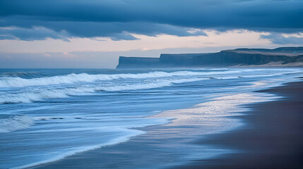 Obraz premium Dramatic seascape with a rocky cliff line and foamy waves crashing on a sandy beach at sunset.