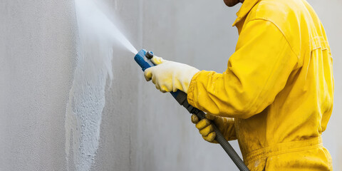 Obraz premium Close-up of Construction worker cleaning a facade of a building using a high pressure water jet. Building cleaning