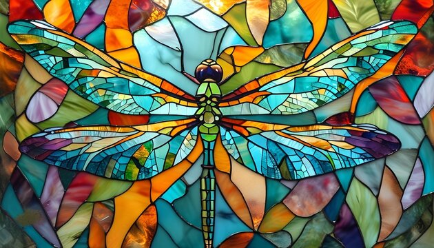 This vibrant stained glass artwork depicts a beautiful dragonfly with intricate details and a kaleidoscope of colors.