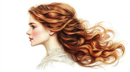 Naklejka premium A serene profile of a woman with flowing, curly red hair, showcasing beauty and elegance against a light background.