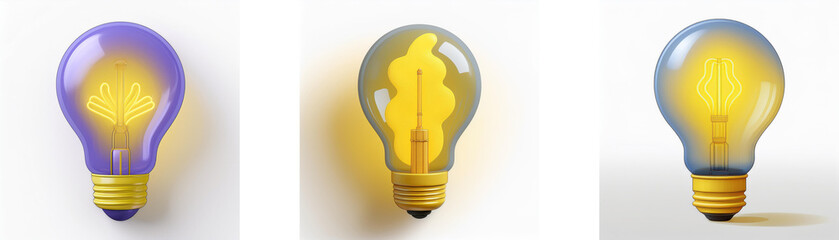 Three light bulbs with different colored glass and glowing filaments inside.