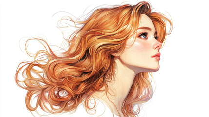 A stylized portrait of a woman with flowing, wavy red-orange hair and a serene expression, highlighting elegance and beauty.