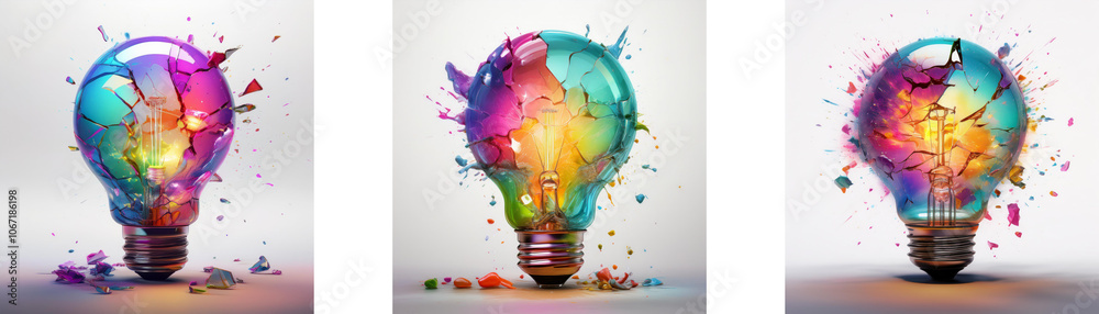 Poster three lightbulbs are depicted, each bursting with vibrant colors and splatters of paint, representin