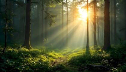 Morning sun rays in the forest