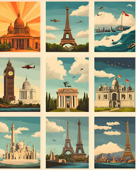 Image of Nine vintage travel posters featuring famous landmarks from around the world. printed on Printed Glass Splashbacks