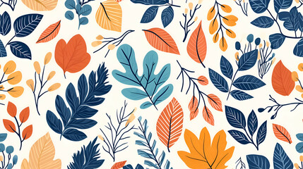 Seamless pattern with blue, orange, and yellow leaves on a white background.