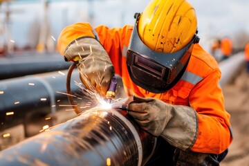 Skilled worker welding pipeline for infrastructure development
