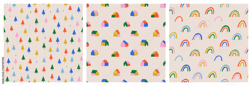 Poster Fun colorful seamless pattern collection. Creative abstract geometric shape background for children or trendy design with collage shapes. Simple and playful doodle wallpaper print set.