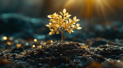Golden Tree Growing in Rich Soil with Sunlight
