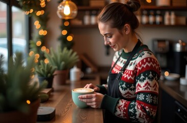 barista in a Christmas sweater making a latte with holiday foam art, surrounded by festive decor