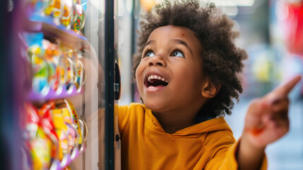 Hungry African-American boy gazes at a variety of snacks inside a vending machine on the street, contemplating his selection. Temptation, convenience, and on-the-go snacking choices