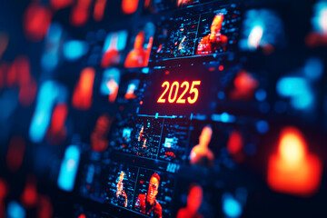 Diverse team collaborating on virtual screen, the word "2025" economic projections, modern workspace with AI assistants, future of teamwork