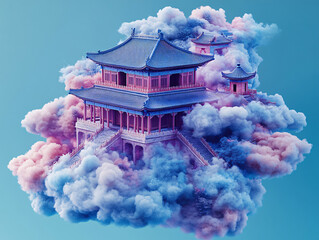 A large, ornate palace with blue roofs and gold accents is floating in a sea of pink and blue clouds.