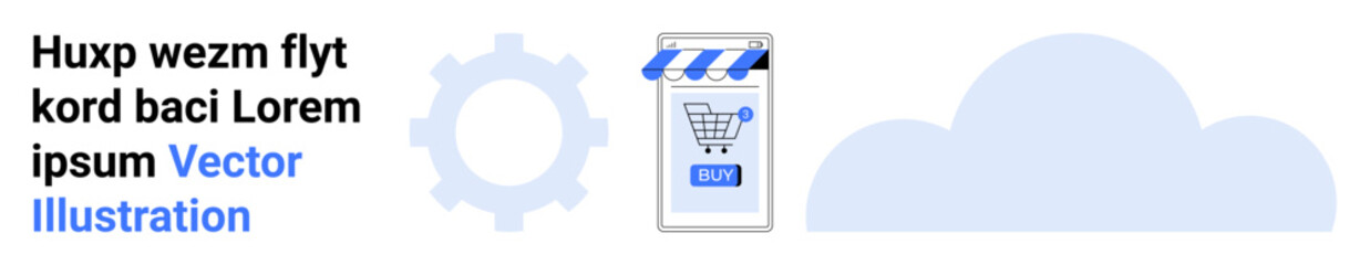 Shopping cart integrated with storefront, gear symbolizing settings, and cloud representation. Ideal for online shopping, technology services, app interfaces, business presentations, product