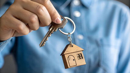 Hand holding house-shaped keychain and keys for new home ownership