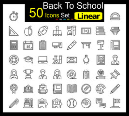 Set of 50 Back to School icons related to Alarm Clock, Protractor, Triangular Ruler, Apple Line Icon collection
