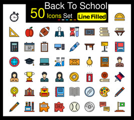 Set of 50 Back to School icons related to Alarm Clock, Protractor, Triangular Ruler, Apple Line Icon collection