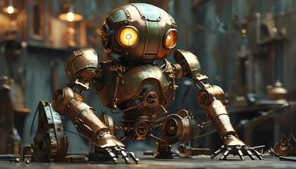 Fototapeta premium This captivating image showcases a steampunk robot perched on a workbench, its intricate gears and glowing eyes hinting at its inner workings.
