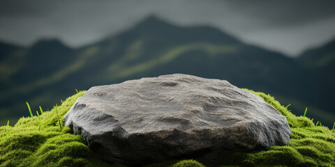 moss covered rock sits on lush green grass with mountains in background