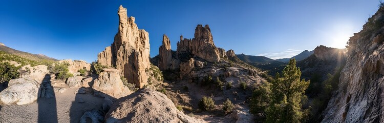 Tall Rock Formations in a Mountainous Landscape