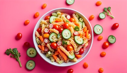 Pasta salad with vegetables on pink background. Top view.

