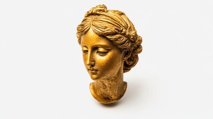 Obraz premium Ancient-inspired golden Venus head sculpture, isolated on white, combining antique allure with a minimalist vibe