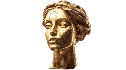 Ancient-inspired golden Venus head sculpture, isolated on white, combining antique allure with a minimalist vibe