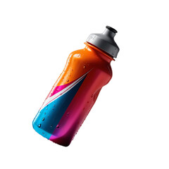 Colorful sports water bottle isolated on white background with water droplets. Perfect for hydration during workouts and outdoor activities.