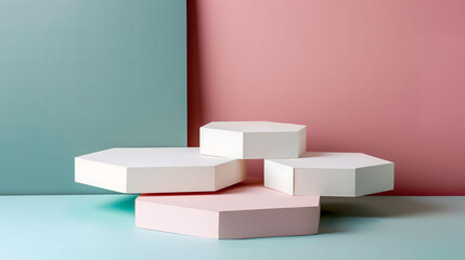 Polygon Podiums for Multiple Products Display Featuring Light green and Red Background