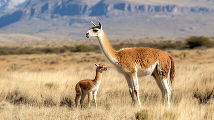 Fototapeta premium Adult llama and baby standing alert in golden grass field with mountain backdrop, showing natural parenting behavior in wild habitat