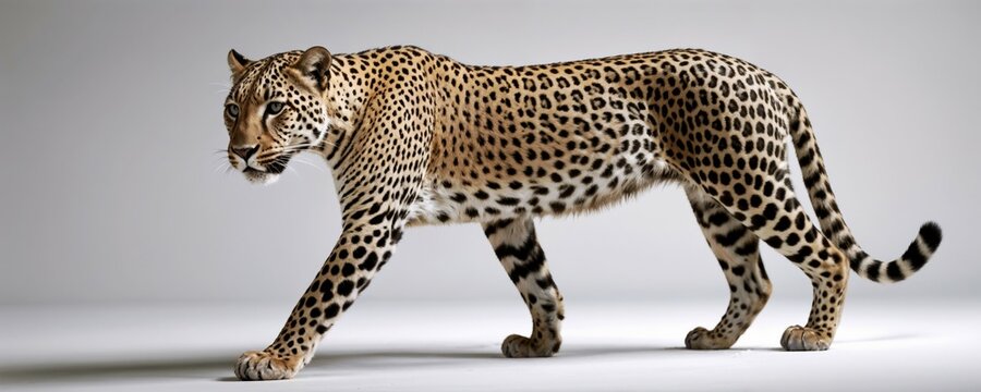 Majestic leopard with distinctive spotted coat walking gracefully against neutral background, showcasing its powerful build and natural hunting stance