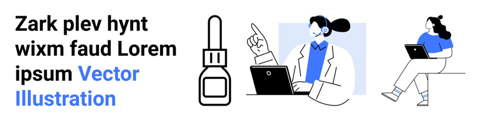 Doctor with headset and laptop, medical bottle image, person seated with laptop. Ideal for telemedicine, online consultations, healthcare tech, working remotely, health diagnostics, virtual meetings