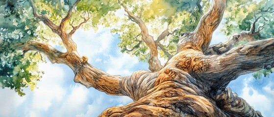 Obraz premium Craft a dramatic close-up of a wise old tree with roots deep in the ground, conveying strength and leadership through intricate watercolor techniques