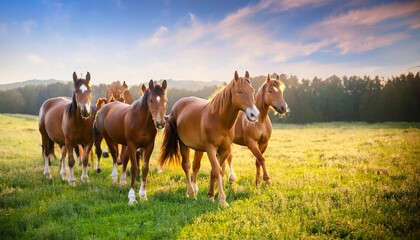 Obraz premium nature farm horses, farm sheep, grass field background, Fresh and Relax concept. For montage product display or design key visual layout. View of copy space