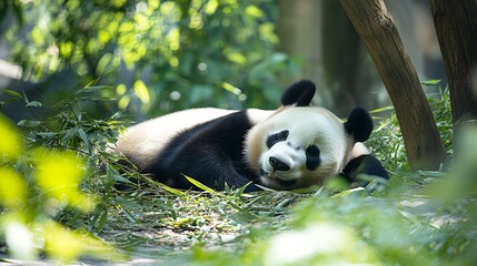 Naklejka premium Giant panda lying peacefully among bamboo plants in natural habitat, displaying characteristic black and white fur pattern in lush green environment