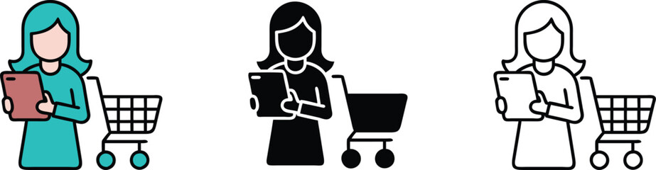 Shopping List Woman Holding Paper Cart Icon