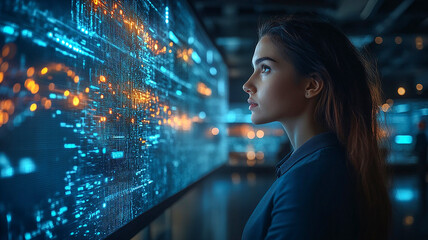 Young Woman Engages With Digital Information Display in Modern Technology Center. Generative AI