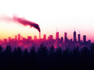 Fototapeta premium Urban skyline silhouette at dusk, with smoke rising from chimneys against a colorful twilight sky, showcasing environmental impact.