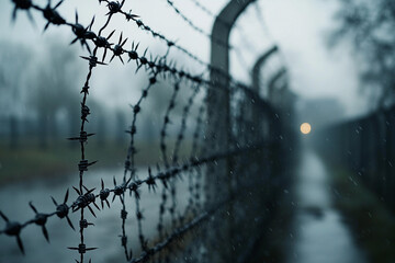 Barbed wire fencing along a wet path in a foggy, dreary atmosphere