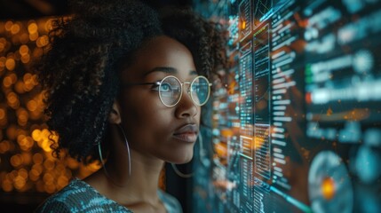 Woman analyzing futuristic data on high-tech digital screen in modern setting